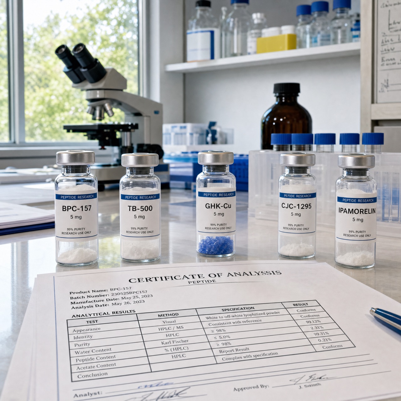 Labeled research peptide vials beside a certificate of analysis on a lab bench